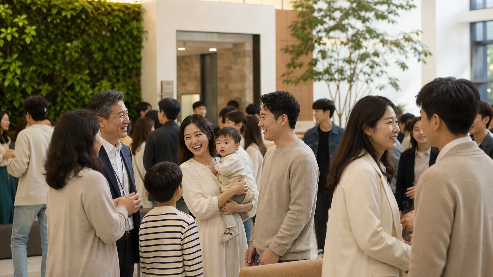 교회 로비에서 성도들이 모이는 사진